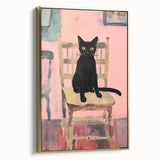 Maximalist Wall Art - Bold Black Cat on Chair with Pink Background