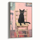 Maximalist Wall Art - Bold Black Cat on Chair with Pink Background