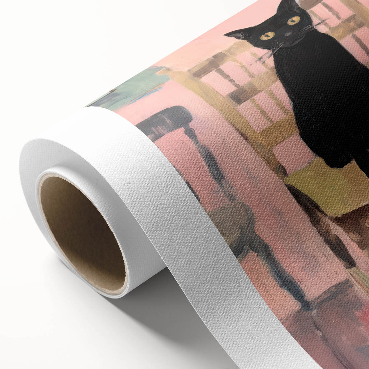 Maximalist Wall Art - Bold Black Cat on Chair with Pink Background