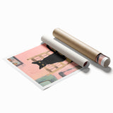 Maximalist Wall Art - Bold Black Cat on Chair with Pink Background