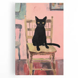 Maximalist Wall Art - Bold Black Cat on Chair with Pink Background