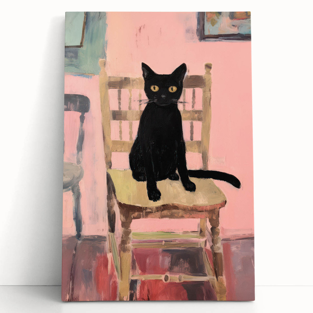 Maximalist Wall Art - Bold Black Cat on Chair with Pink Background