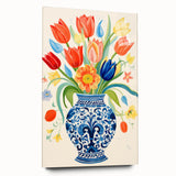 Maximalist Wall Art - Bold Floral Vase with Colorful Tulips and Pattern