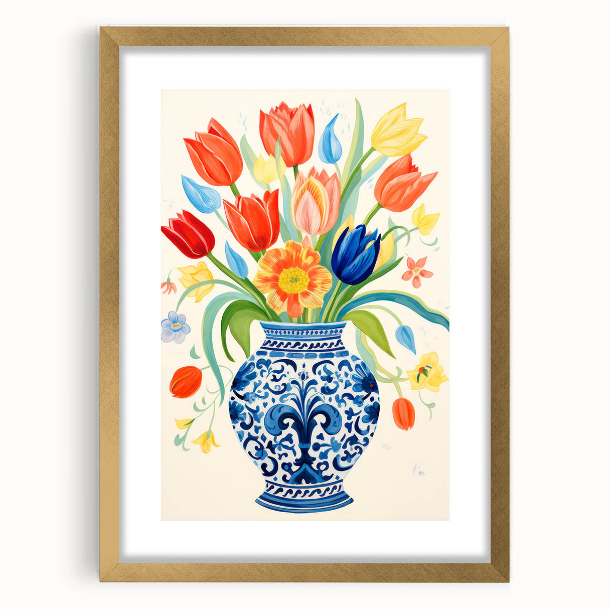 Maximalist Wall Art - Bold Floral Vase with Colorful Tulips and Pattern