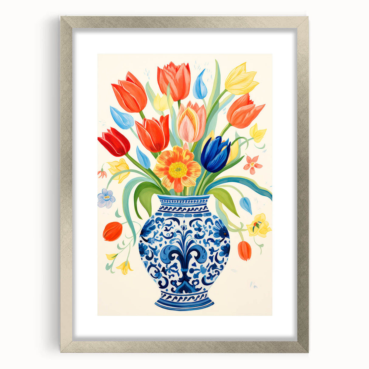 Maximalist Wall Art - Bold Floral Vase with Colorful Tulips and Pattern