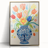 Maximalist Wall Art - Bold Floral Vase with Colorful Tulips and Pattern