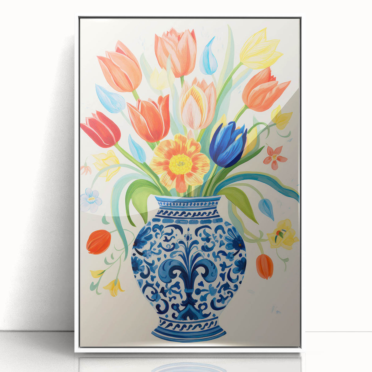 Maximalist Wall Art - Bold Floral Vase with Colorful Tulips and Pattern