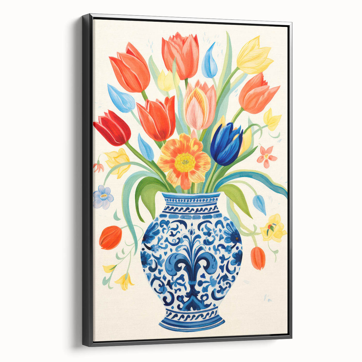 Maximalist Wall Art - Bold Floral Vase with Colorful Tulips and Pattern