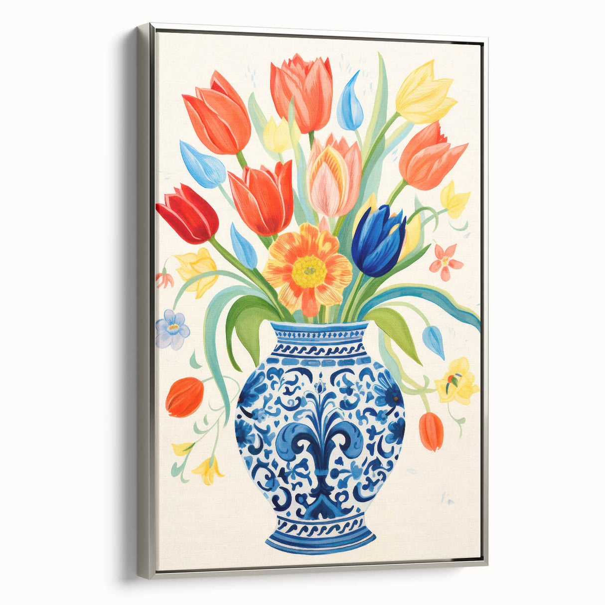 Maximalist Wall Art - Bold Floral Vase with Colorful Tulips and Pattern