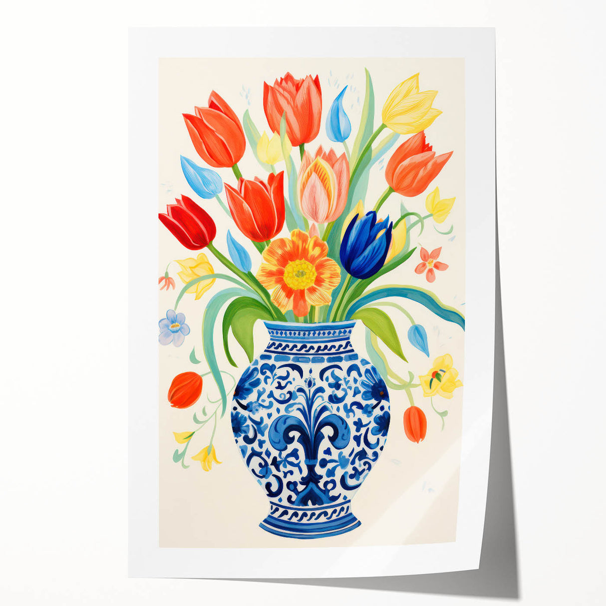 Maximalist Wall Art - Bold Floral Vase with Colorful Tulips and Pattern