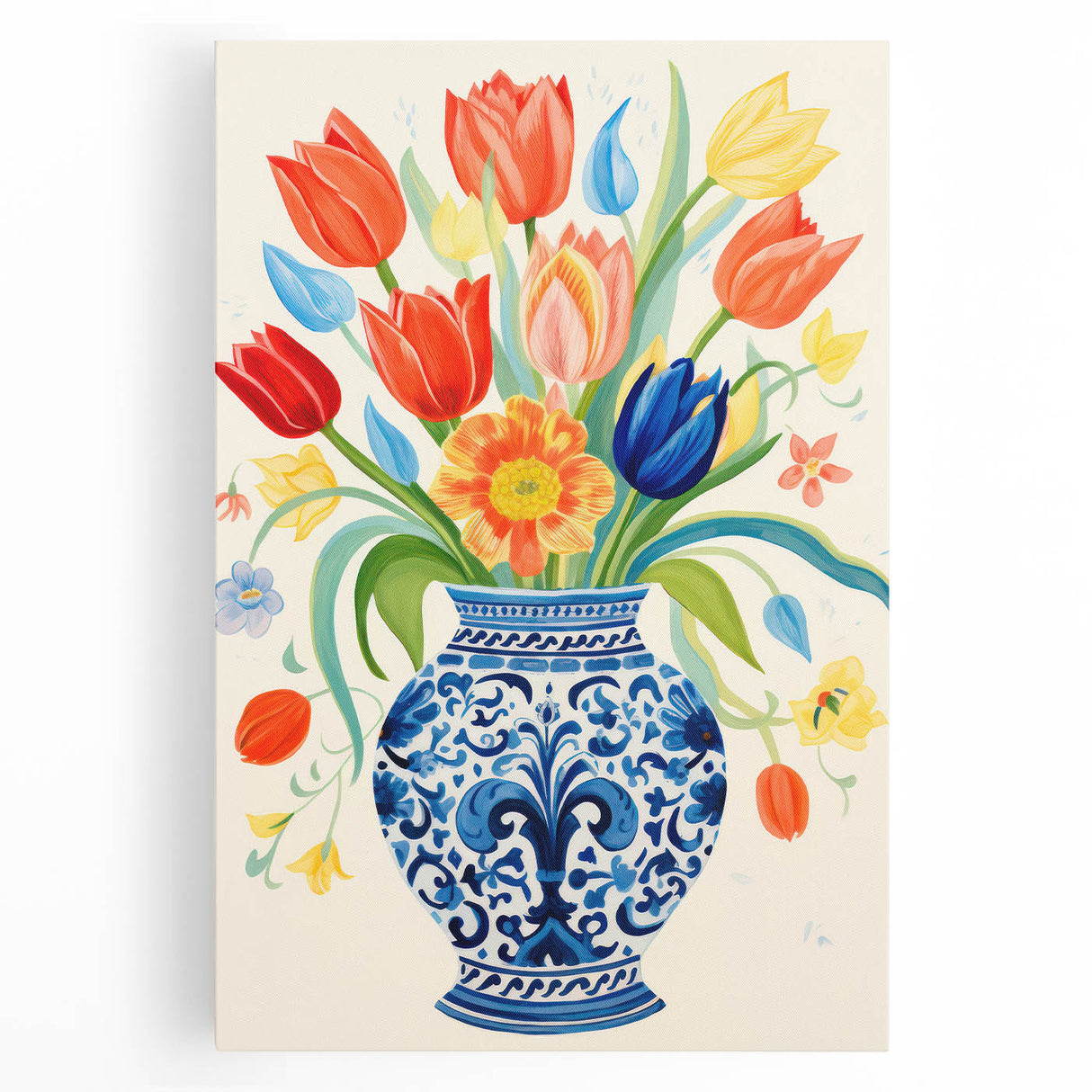 Maximalist Wall Art - Bold Floral Vase with Colorful Tulips and Pattern