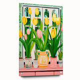 Maximalist Wall Art - Bold Tulip Garden with Vases and Vibrant Greenery