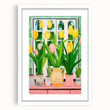 Maximalist Wall Art - Bold Tulip Garden with Vases and Vibrant Greenery