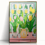 Maximalist Wall Art - Bold Tulip Garden with Vases and Vibrant Greenery