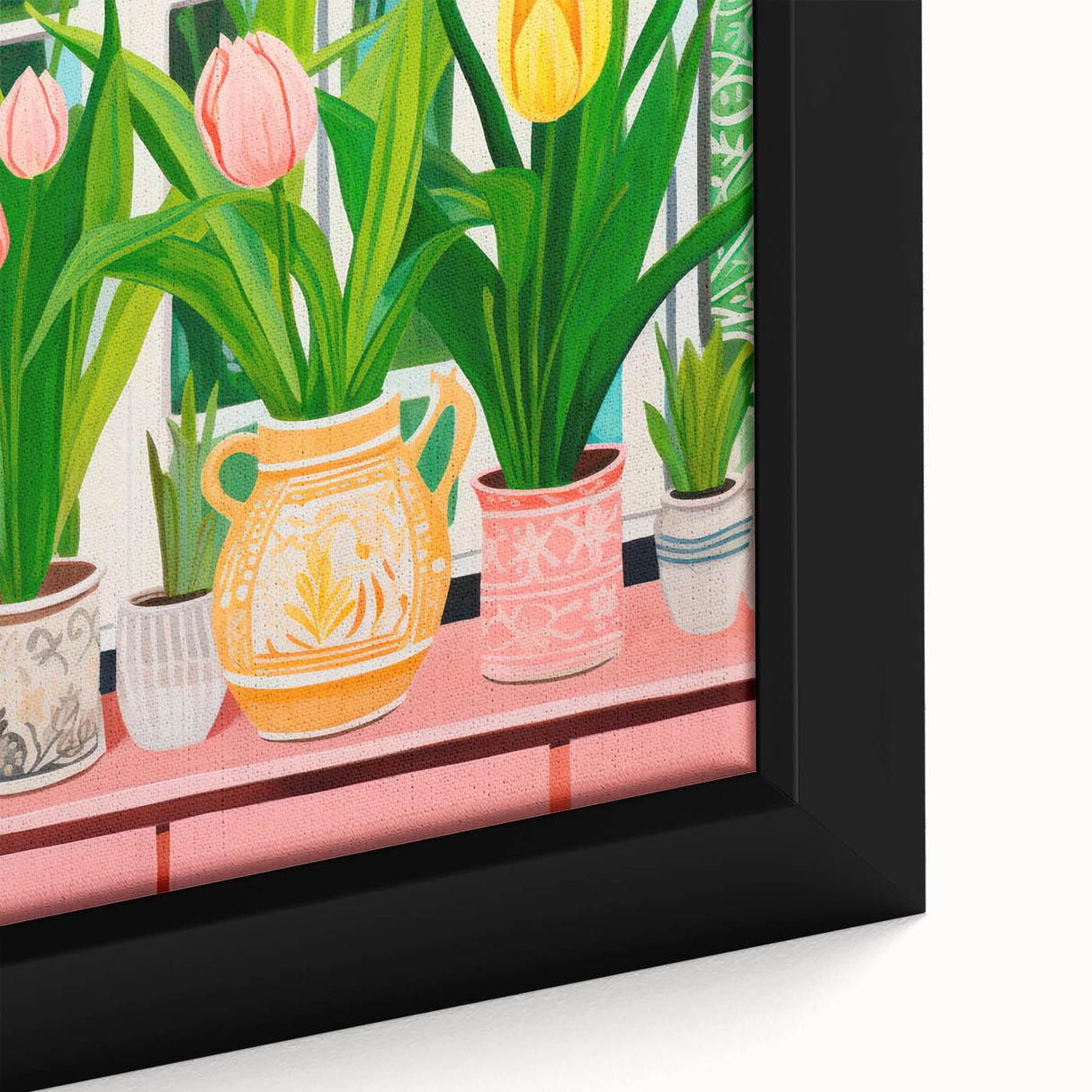 Maximalist Wall Art - Bold Tulip Garden with Vases and Vibrant Greenery