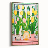 Maximalist Wall Art - Bold Tulip Garden with Vases and Vibrant Greenery