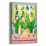 Maximalist Wall Art - Bold Tulip Garden with Vases and Vibrant Greenery