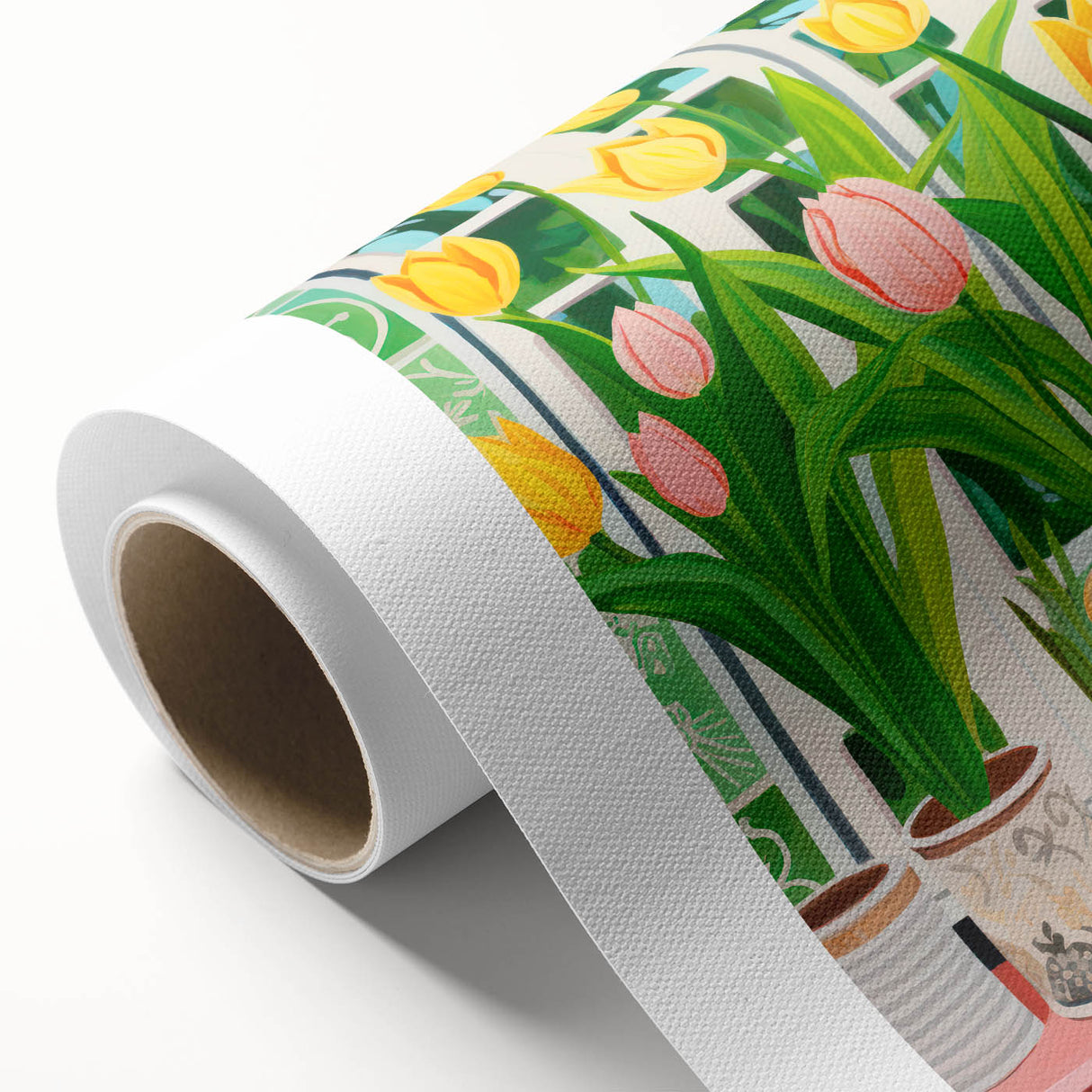 Maximalist Wall Art - Bold Tulip Garden with Vases and Vibrant Greenery