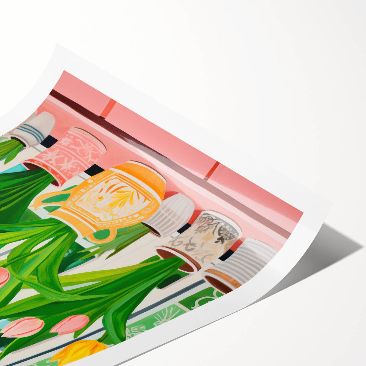 Maximalist Wall Art - Bold Tulip Garden with Vases and Vibrant Greenery