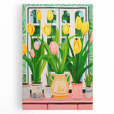 Maximalist Wall Art - Bold Tulip Garden with Vases and Vibrant Greenery