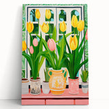 Maximalist Wall Art - Bold Tulip Garden with Vases and Vibrant Greenery