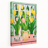 Maximalist Wall Art - Bold Tulip Garden with Vases and Vibrant Greenery