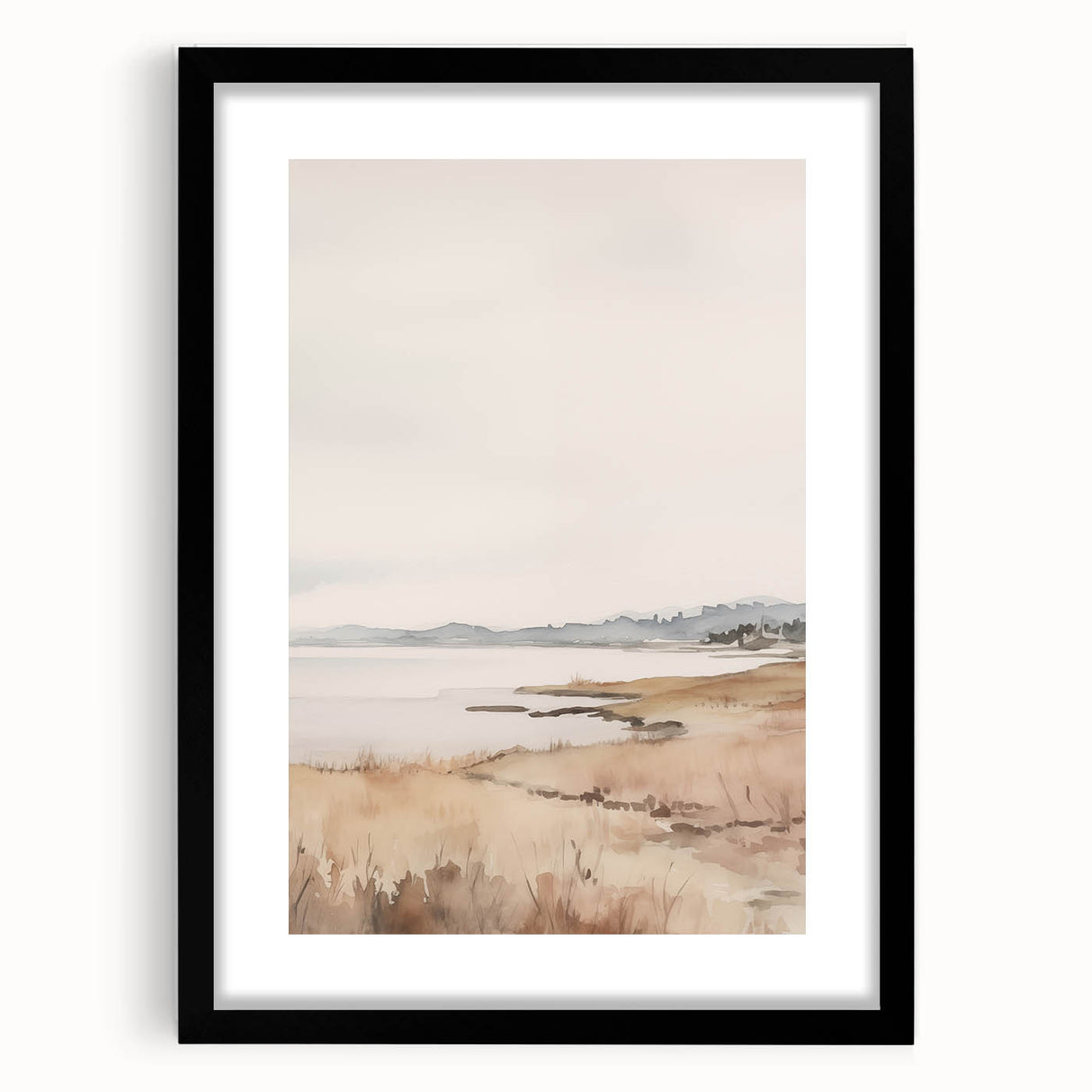 Minimalist Landscape Art: Tranquil Coastal Scene in Neutral Tones