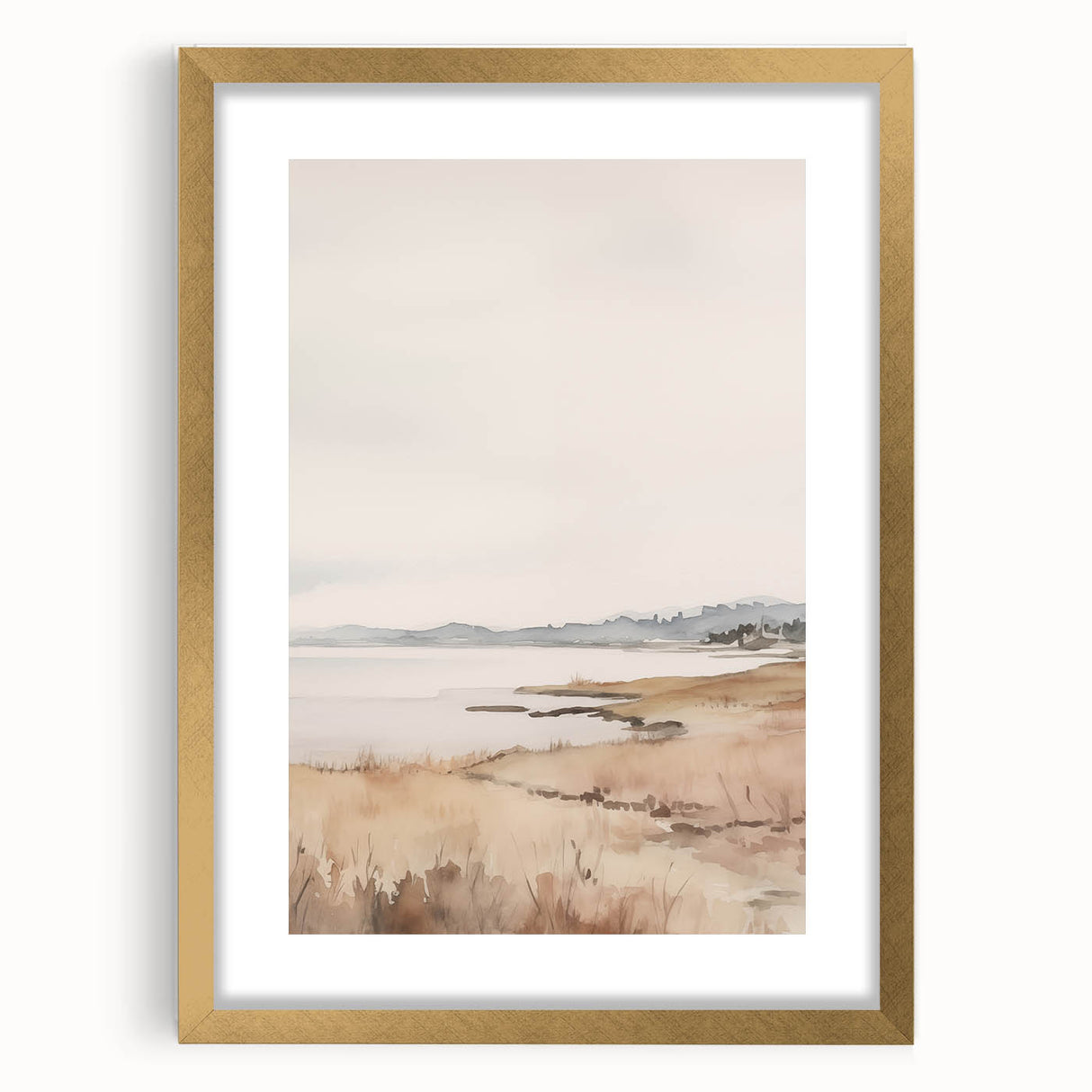 Minimalist Landscape Art: Tranquil Coastal Scene in Neutral Tones
