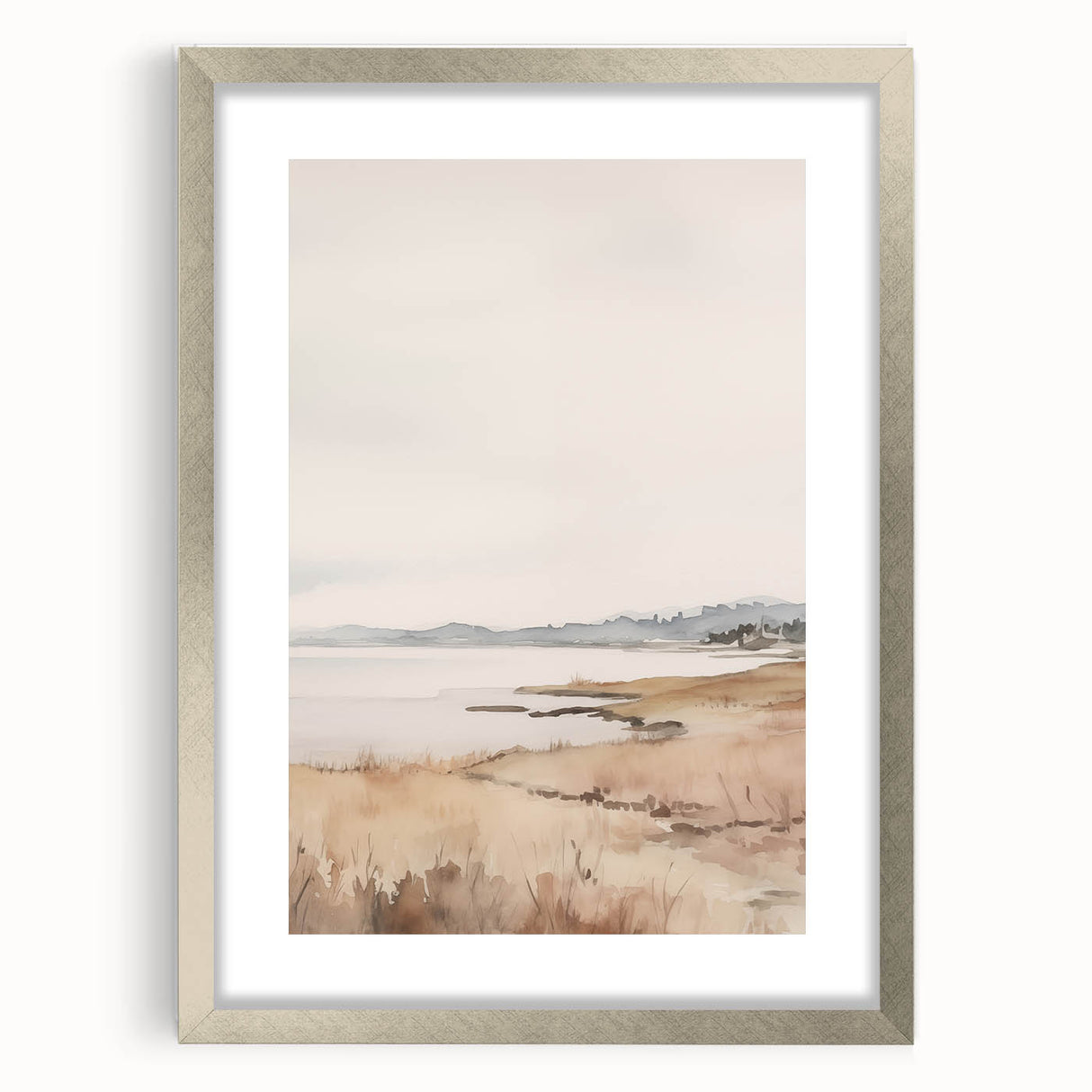Minimalist Landscape Art: Tranquil Coastal Scene in Neutral Tones