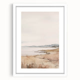 Minimalist Landscape Art: Tranquil Coastal Scene in Neutral Tones