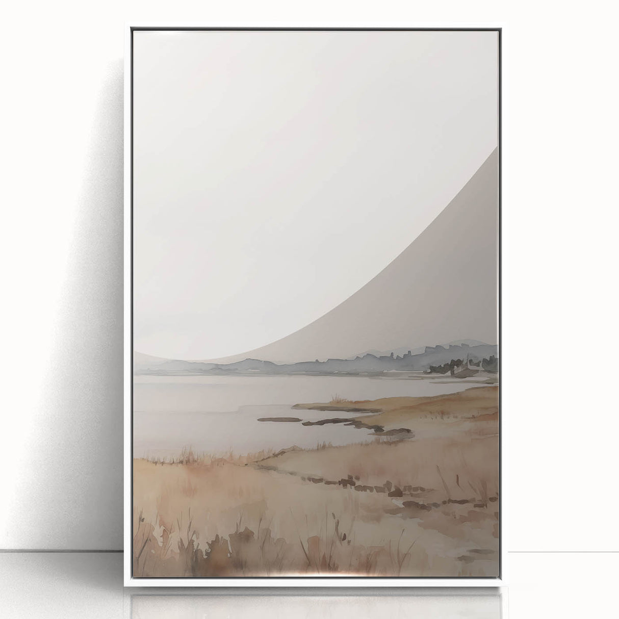 Minimalist Landscape Art: Tranquil Coastal Scene in Neutral Tones