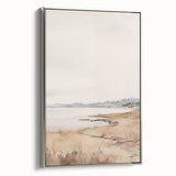 Minimalist Landscape Art: Tranquil Coastal Scene in Neutral Tones