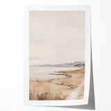 Minimalist Landscape Art: Tranquil Coastal Scene in Neutral Tones