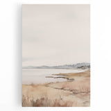 Minimalist Landscape Art: Tranquil Coastal Scene in Neutral Tones