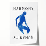 Minimalist Wall Art - Blue Silhouette with "Harmony" Text for Modern Decor