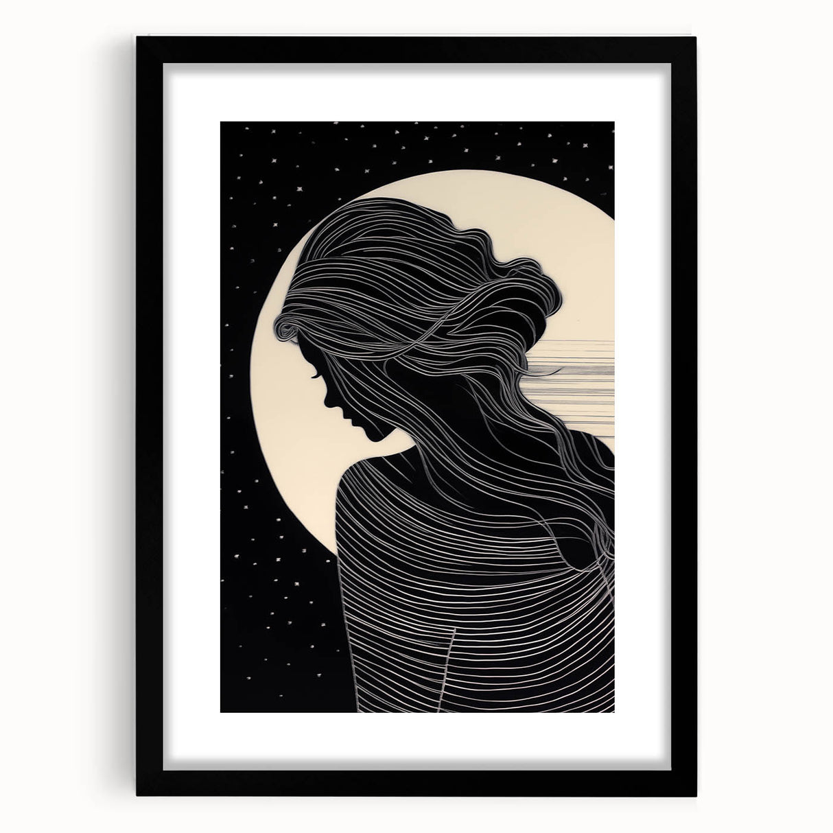 Minimalist Silhouette Art – Woman in Moonlight with Flowing Lines