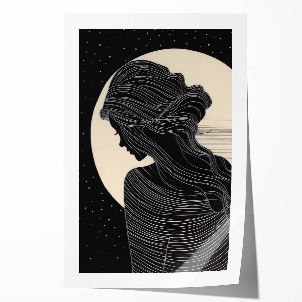 Minimalist Silhouette Art – Woman in Moonlight with Flowing Lines