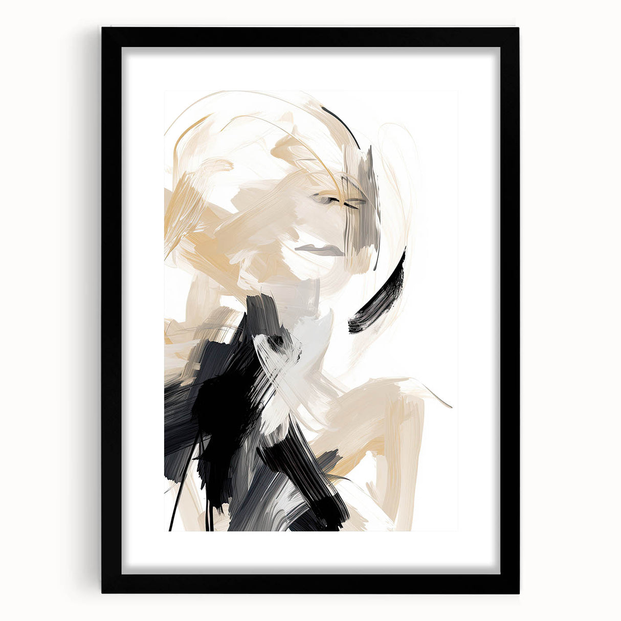 Abstract Minimalist Wall Art – Dynamic Beige and Black Brushstroke Design