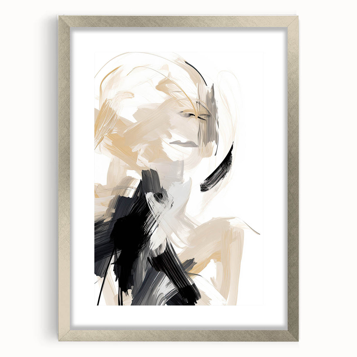 Abstract Minimalist Wall Art – Dynamic Beige and Black Brushstroke Design