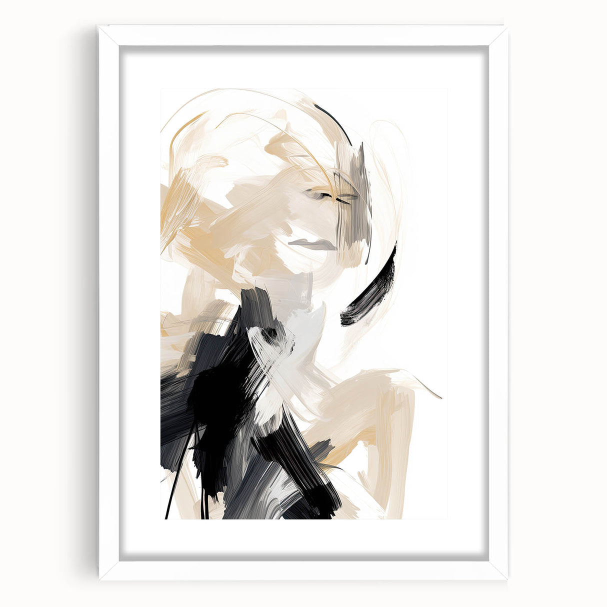 Abstract Minimalist Wall Art – Dynamic Beige and Black Brushstroke Design