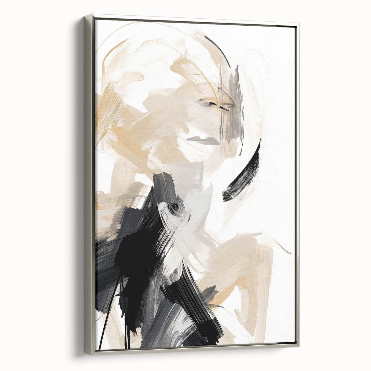 Abstract Minimalist Wall Art – Dynamic Beige and Black Brushstroke Design