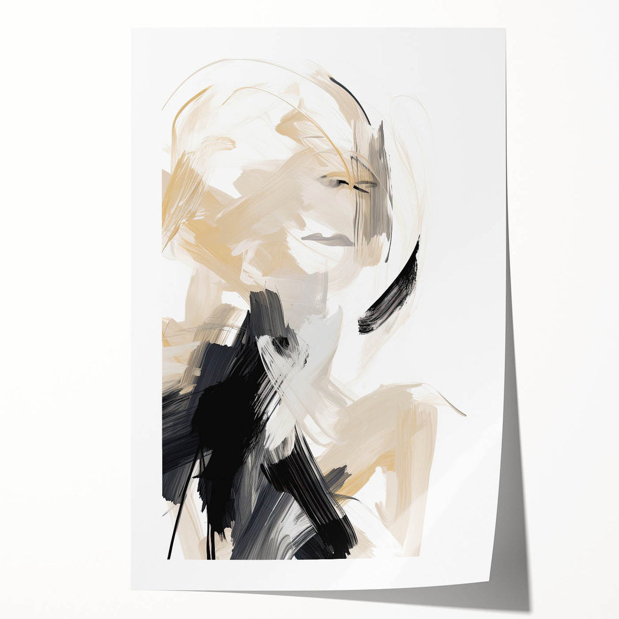 Abstract Minimalist Wall Art – Dynamic Beige and Black Brushstroke Design