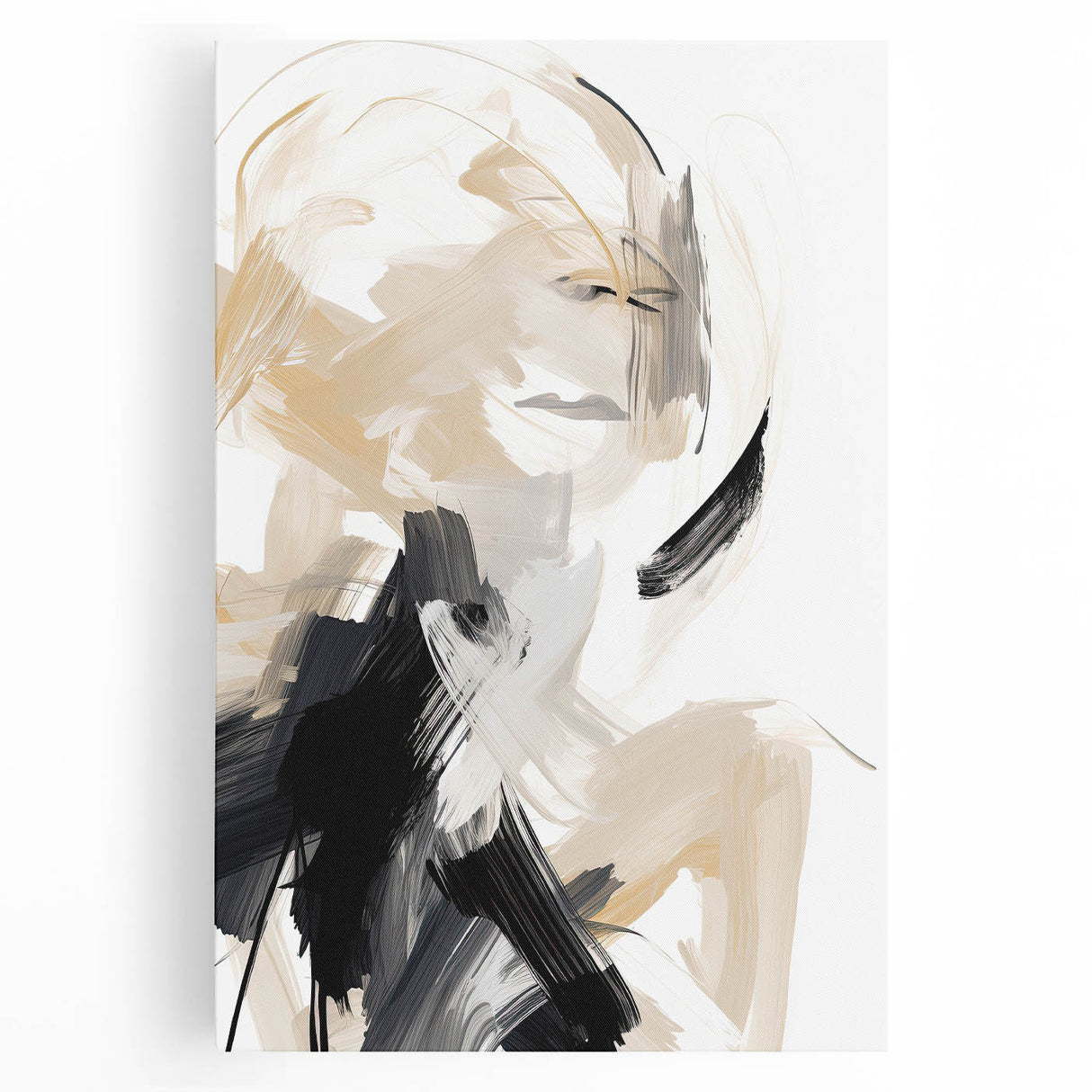 Abstract Minimalist Wall Art – Dynamic Beige and Black Brushstroke Design
