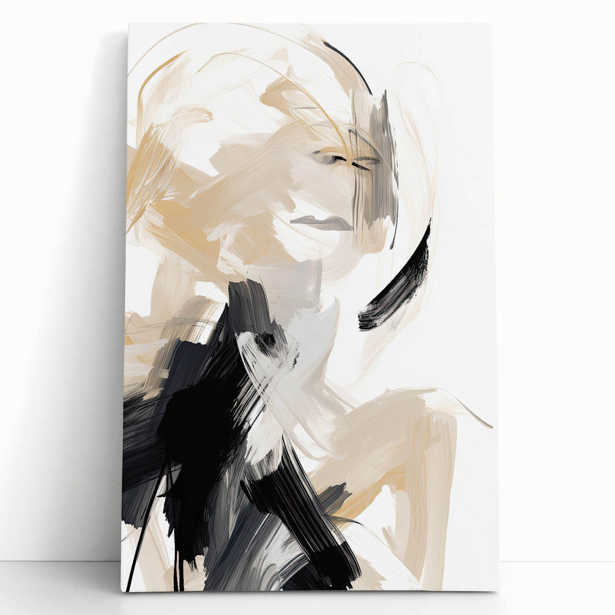 Abstract Minimalist Wall Art – Dynamic Beige and Black Brushstroke Design