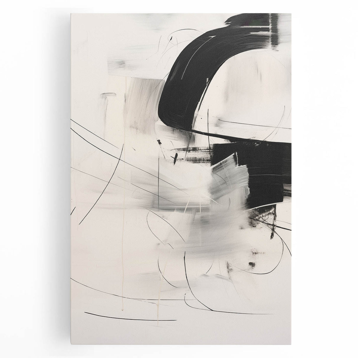 Abstract Minimalist Wall Art - Black and White Dynamic Brushstroke Art