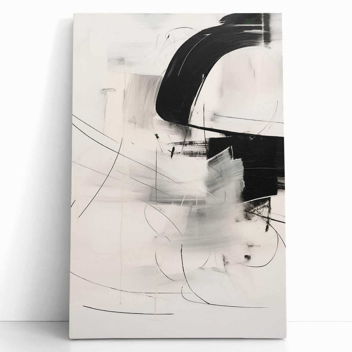 Abstract Minimalist Wall Art - Black and White Dynamic Brushstroke Art