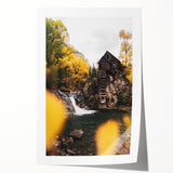 Old Mill by the Waterfall - Rustic Autumn Landscape Art