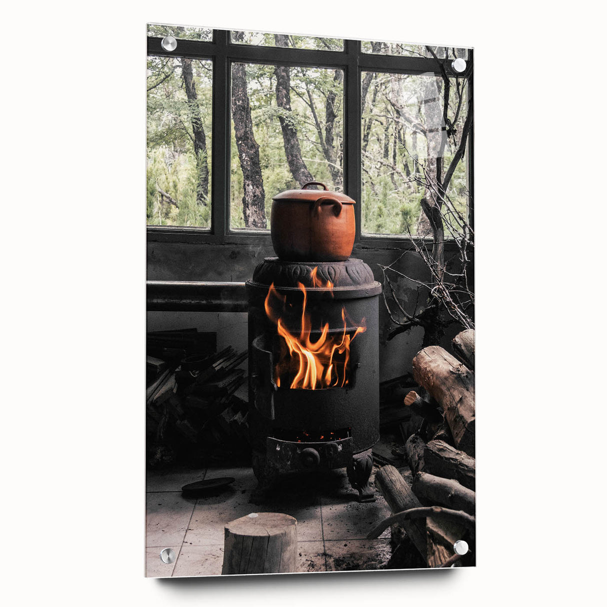 Rustic Wall Art: Wood Stove & Clay Pot – Cozy Farmhouse Decor Print
