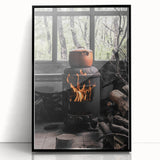 Rustic Wall Art: Wood Stove & Clay Pot – Cozy Farmhouse Decor Print