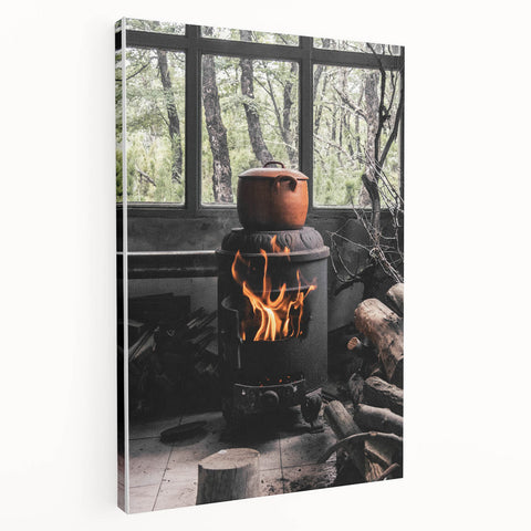 Rustic Wall Art: Wood Stove & Clay Pot – Cozy Farmhouse Decor Print